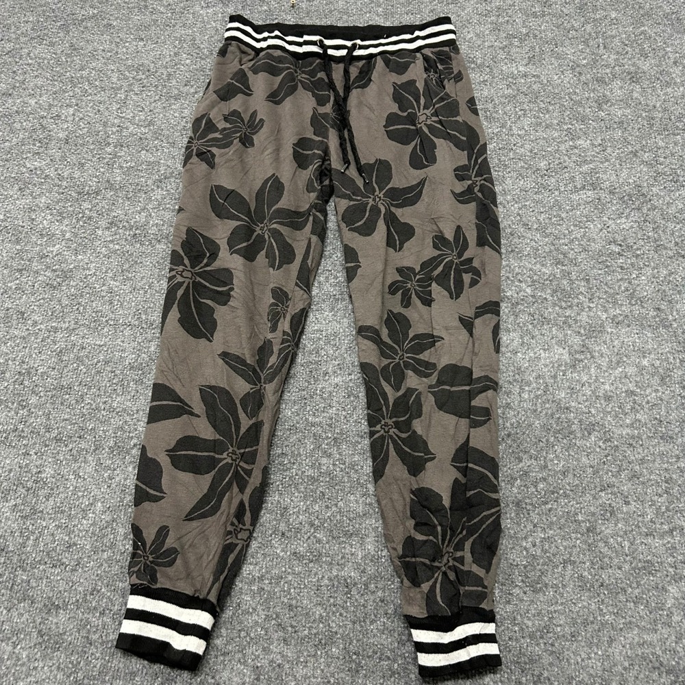 Rue21 Joggers Womens Size M Gray Floral Print Casual Drawstring Striped Cuff